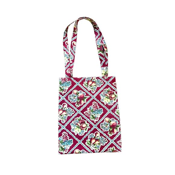 Side Eye Bird Handmade Tote Bag Fruit Print Floral Muted Red Canvas Market - Picture 2 of 9
